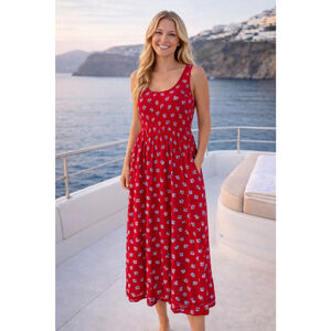 Croft And Barrow Floral Smocked Midi Dress Red Cottagecore Romantic Quiet Luxury